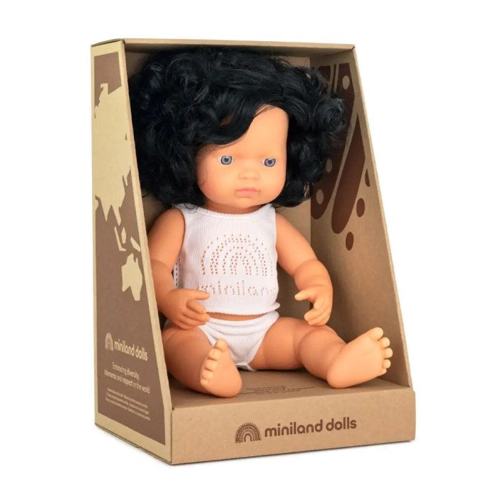 Miniland Doll - Anatomically Correct Baby Caucasian Girl Curly Black Hair 38cm (8062313824482)