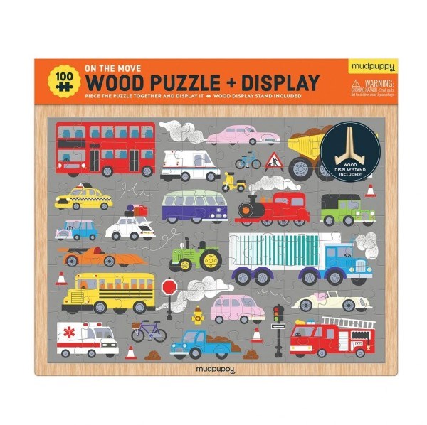 Mudpuppy Vehicles on the Move 100 Piece Wood Puzzle + Display (7762949013730)