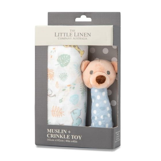 Little Linen TLLC Muslin Wrap & Crinkle Toy - Safari Bear (7601787994338)